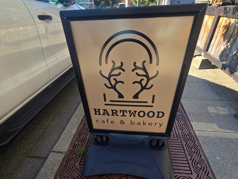 Hartwood Café & Bakery sidewalk signage in North Bend, Washington