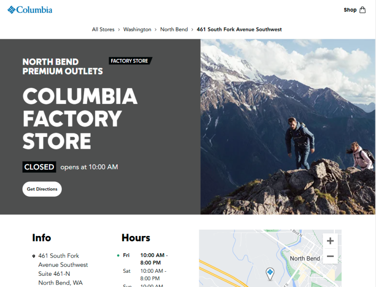 Columbia Factory Store at North Bend Premium Outlets - screen capture