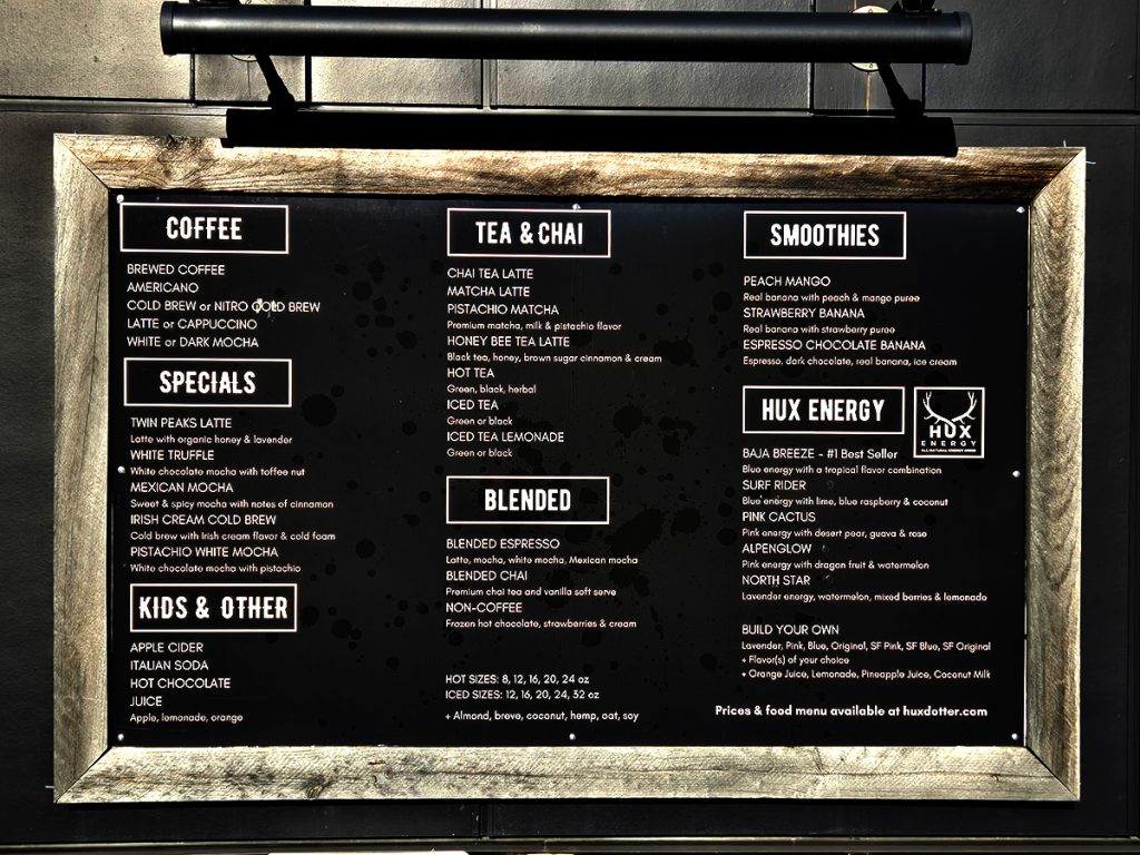 Huxdotter Coffee drive-through coffee drink menu in North Bend, WA