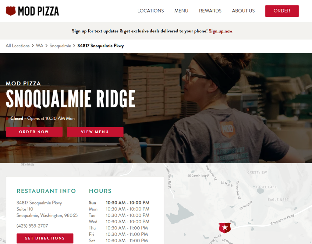 MOD Pizza in Snoqualmie Washington - screen capture