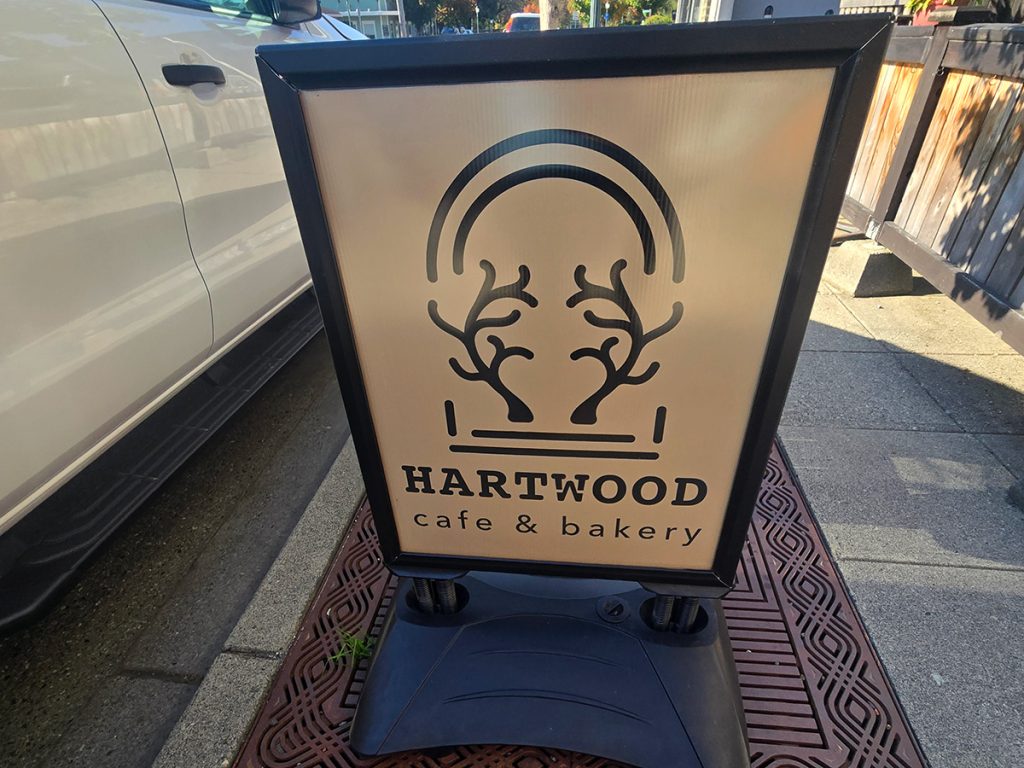 Hartwood Café & Bakery sidewalk signage in North Bend, Washington