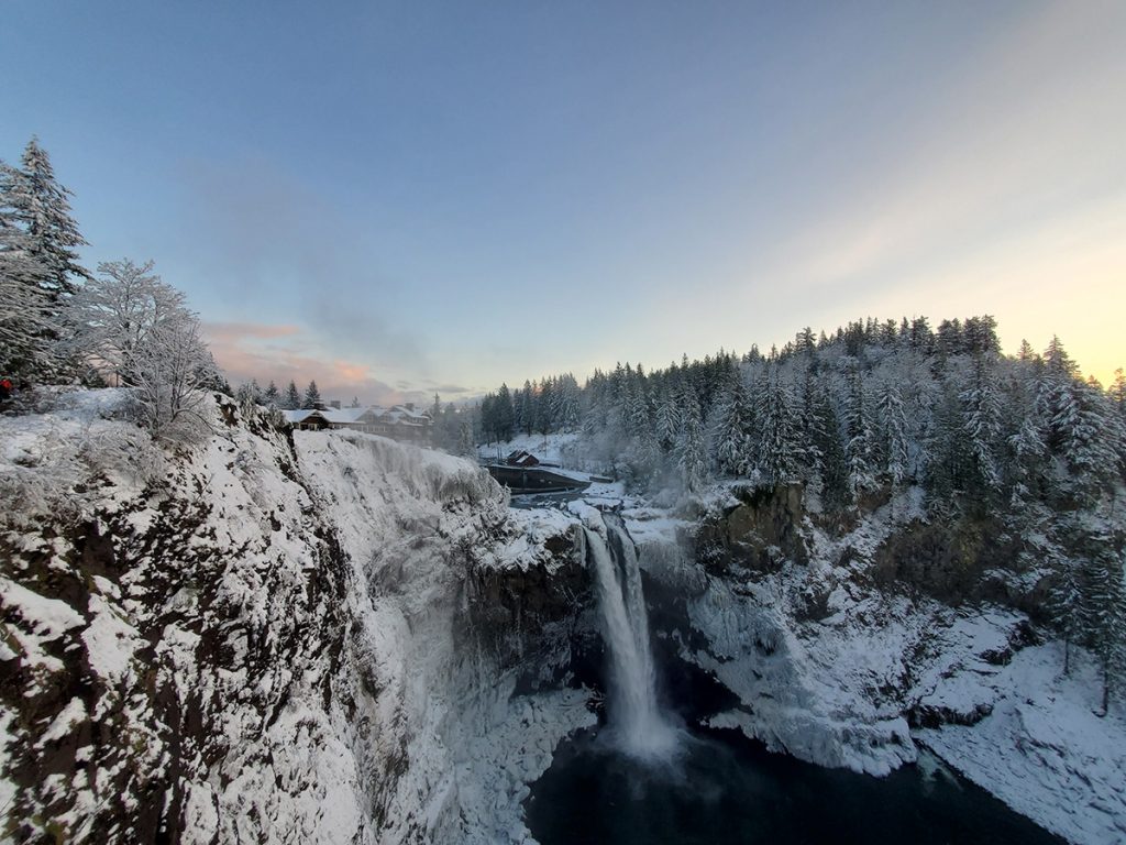 Snoqualmie Falls in the Winter with snow