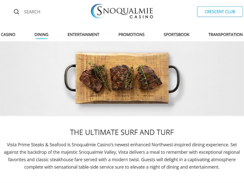 Vista Prime Steaks & Seafood in Snoqualmie WA - screen capture